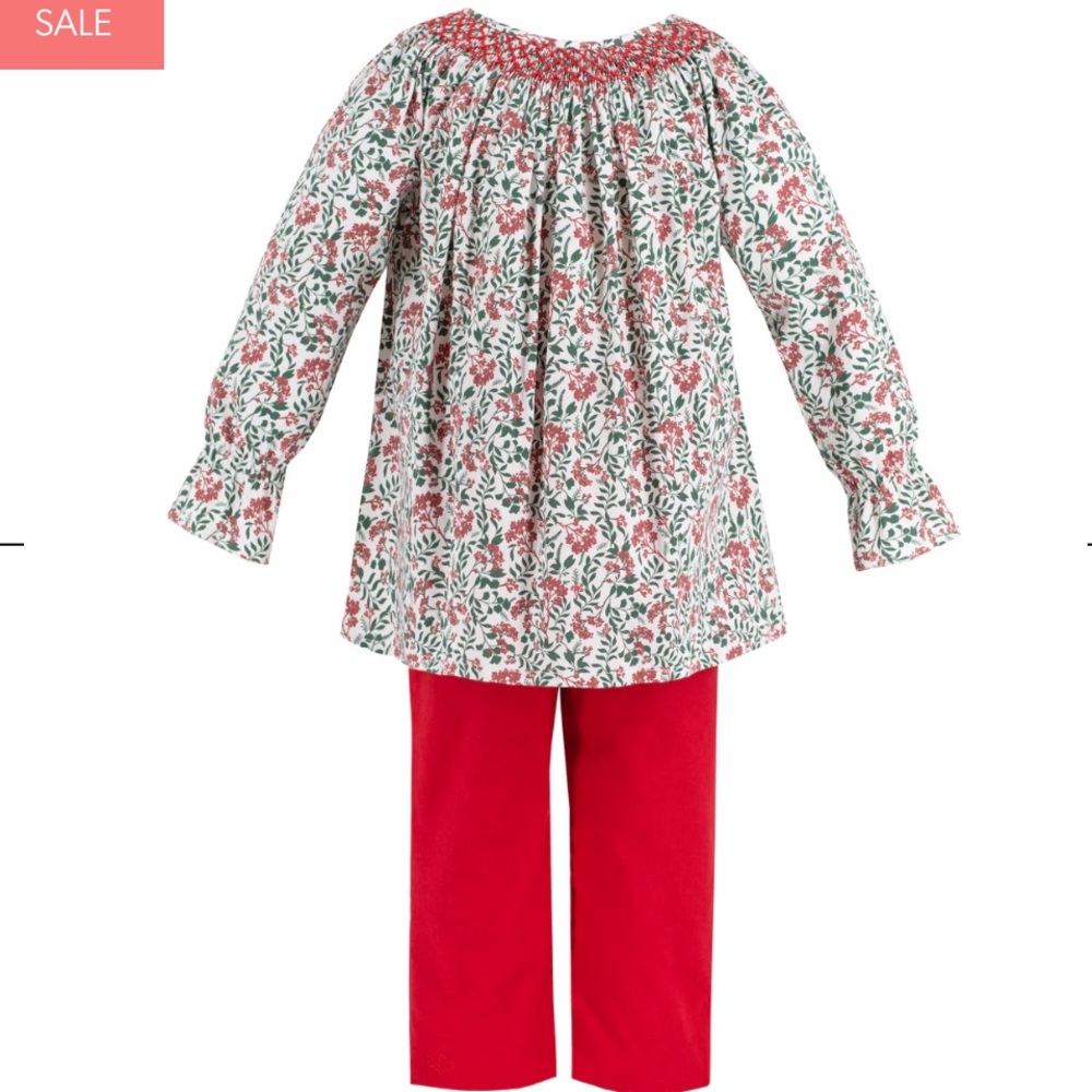 Dondolo Holly Berry Long Sleeve Smocked Top and Red Ruby Pants size 12mo Holiday